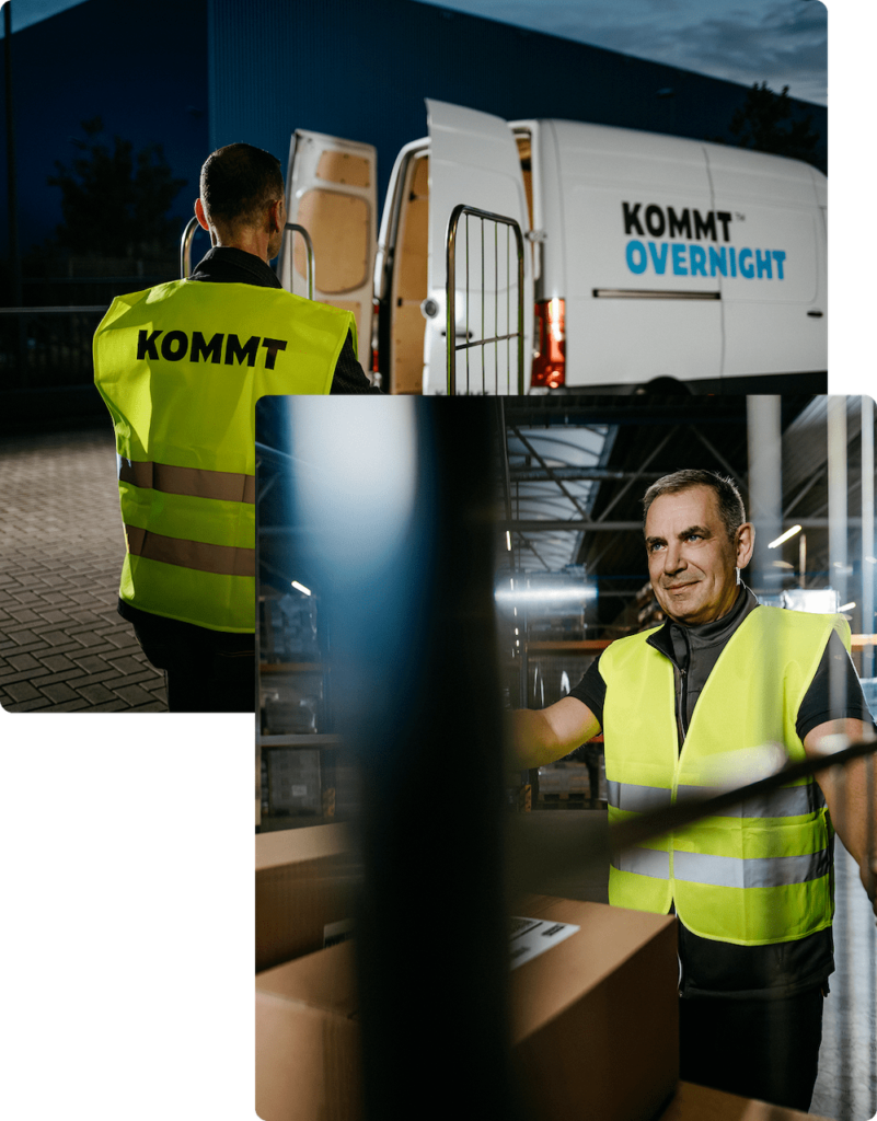 Zwei Bilder eines Zustellers in einer gelben Sicherheitsweste mit der Aufschrift KOMMT; eines zeigt ihn am Heck eines Lieferwagens mit der Aufschrift KOMMT OVERNIGHT, das andere zeigt ihn bei der Handhabung von Paketen in einem Haus.
